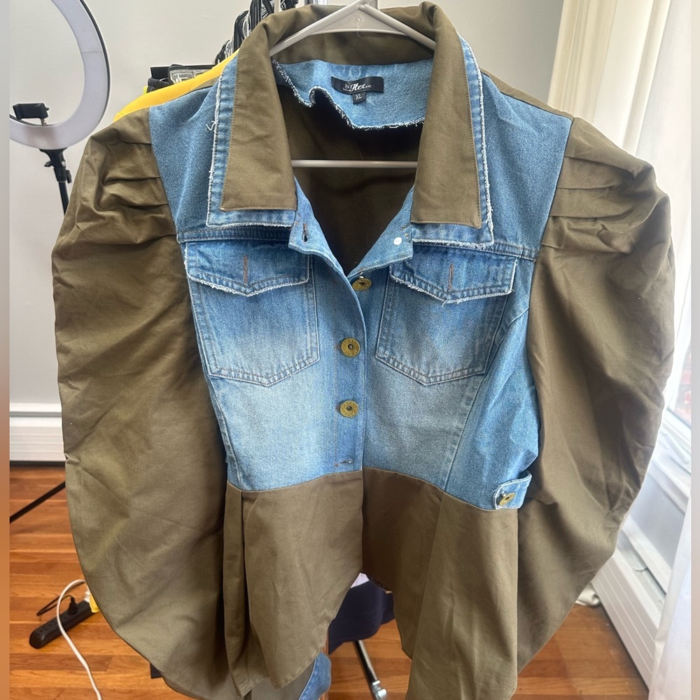 Denim & Green Puff Sleeve Peplum Jacket
